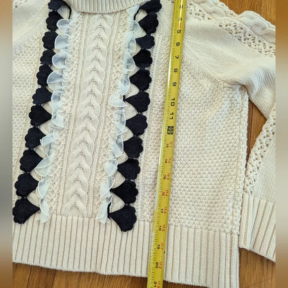 J. Crew Wool Embellished Cable Knit Turtleneck Sweater W/ Lace Detailing Ivory S - Picture 6 of 10